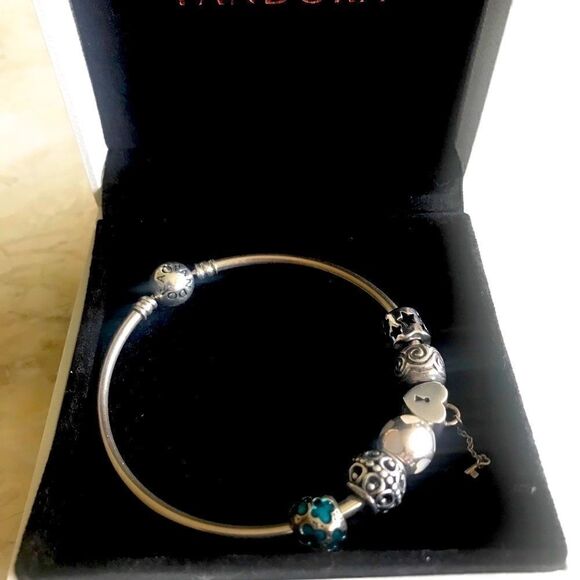 Pandora Sterling Silver Solid Bangle & 6 Charms - Picture 8 of 8